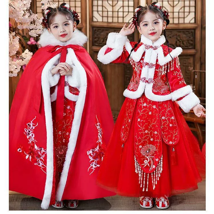 Y зимняя одежда для девочек, новый костюм Тан на флисовой подкладке династии Хань, детский новогодний старинный костюм для девочек, новогоднее приветствие, плащ из двух предметов