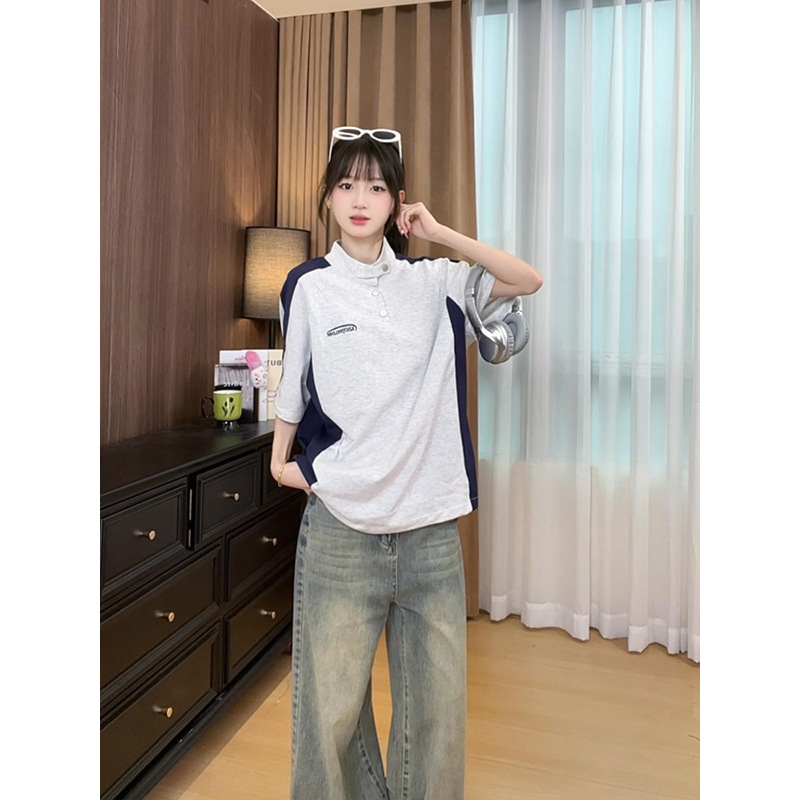 Color-Blocked Stand-Collar Embroidered Short-Sleeve T-Shirt for Women, Summer Sports Style, Old Money Design, Loose Fit, Pure Cotton Top, Trendy