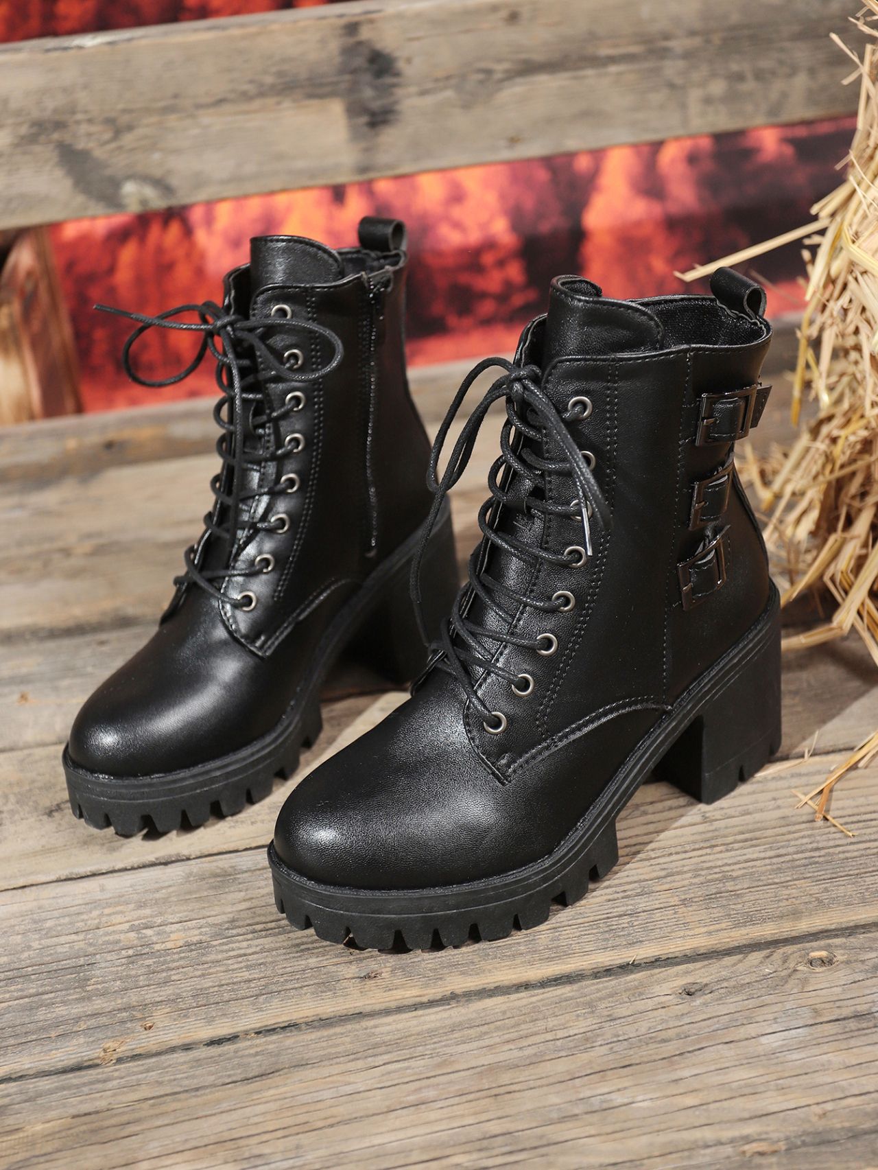 Damen Martin Boots Mit Absatz Britischer Stil Stiefel Schwarz_voghion.com