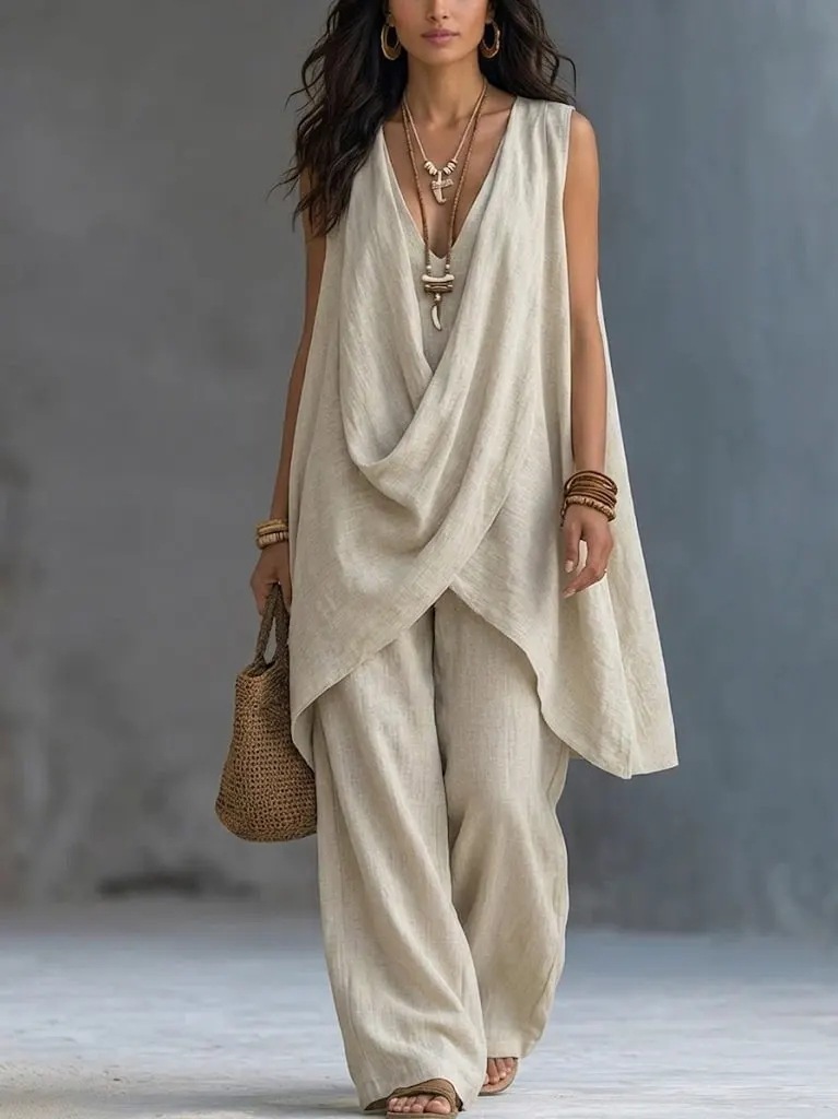 Women's Sleeveless Stand Collar Solid Color Cotton Linen Suit Elegant Loose Resort Style Spring Summer_ecoleips.com