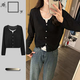 黑白撞色假两件长袖针织衫女秋季时尚韩版小众设计感简约修身毛衣