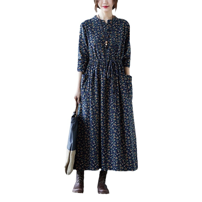 Real Shot of 2026 Spring and Autumn Artistic Loose-Fitting Plus-Size Women's Clothing with Button-Up Small Floral Print Dress with Tie, Slimming Cotton and Linen Dress