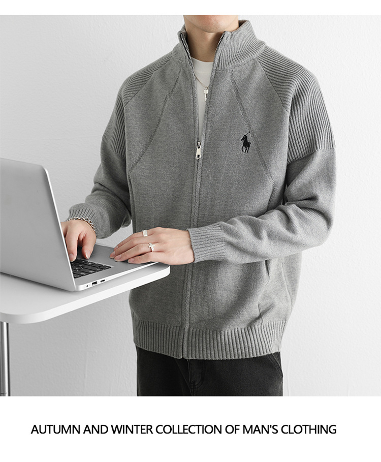 Gilet cardigan homme à double fermeture éclair, logo équitation tendance, col montant, maille haut de gamme, style business_voghion.com