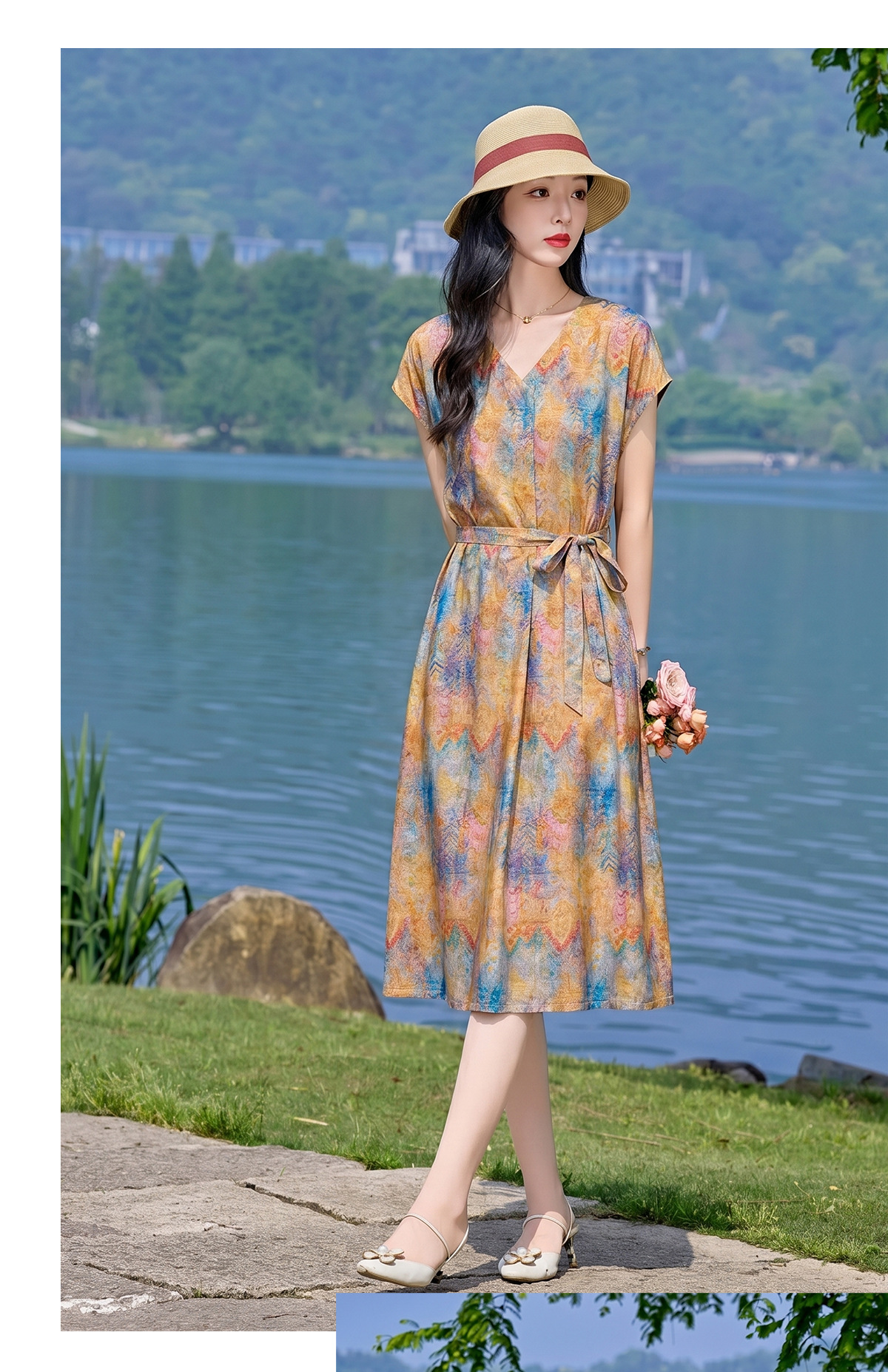 Đầm maxi nữ V cổ thắt eo họa tiết hoa nhí — xanh lam, màu vàng, màu đỏ chi tiết 18
