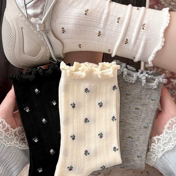 Women's Mid-Calf Socks, Spring and Summer Thin Style, Ruffled Cute Floral Socks, Versatile for Small Leather Shoes, Thin Socks for Summer Women's Mid-Calf Socks, Spring and Summer Thin Style, Ruffled Cute Floral Socks, Versatile for Small Leather Shoes, Thin Socks for Summer
