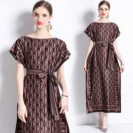 实拍- 欧美时尚百搭一字领宽松系带连衣裙配腰带