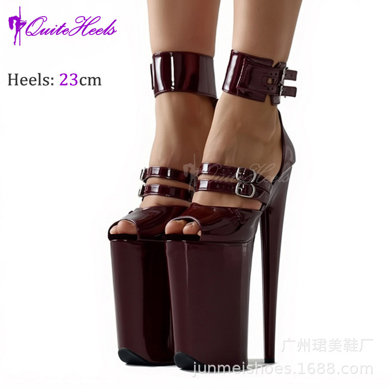 23cm Glossy Patent Leather Ankle Strap Waterproof Platform Sexy Peep-Toe Sky-High Nightclub Pole Dance Super High Heel Sandals