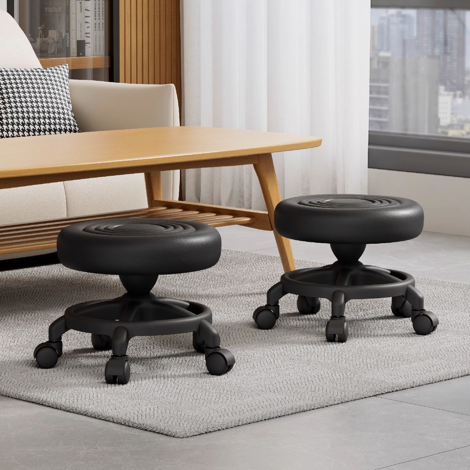 Taburete pequeño, taburete bajo para el hogar, rueda universal silenciosa, elevación y descenso de la silla de respaldo para niños, taburete de cambio de zapatos, taburete redondo pequeño