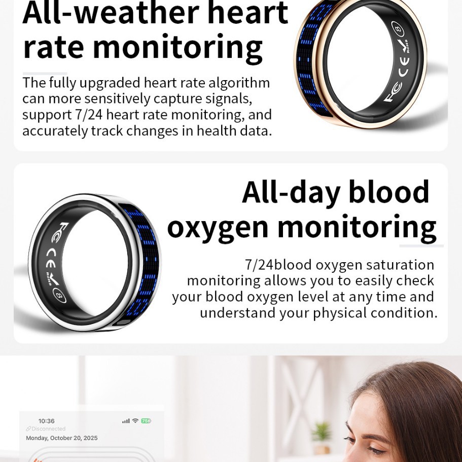 Nuevo anillo inteligente de pantalla transfronteriza pedómetro ritmo cardíaco oxígeno ejercicio monitoreo de salud del sueño cepillo pulsero de vibración