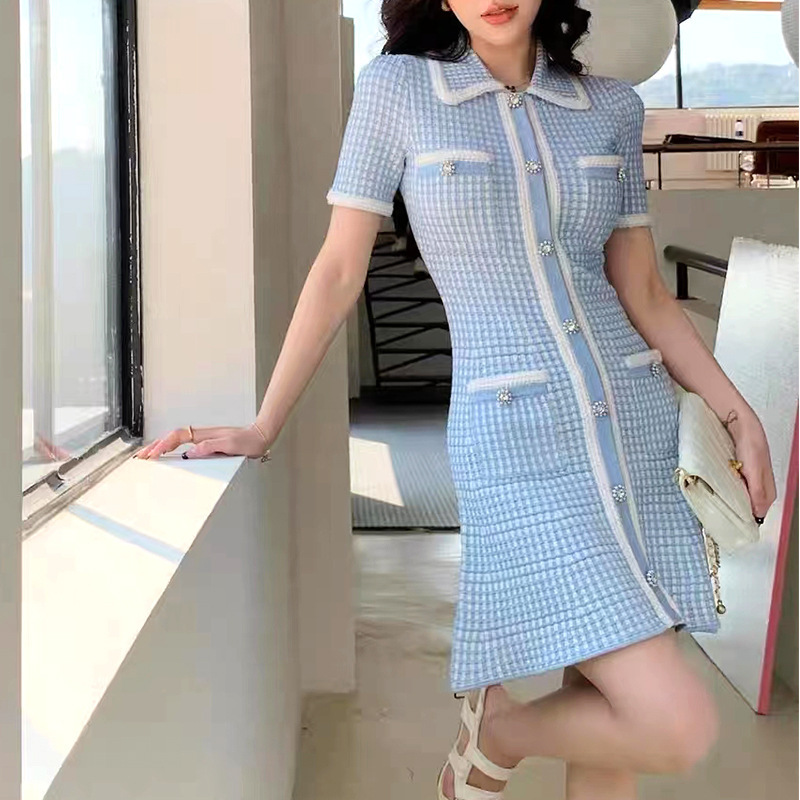 SP Home ~ Spring/Summer 2023 New Mist Blue Chanel Flash Check Knitted Slim Fit White Small A Skirt Dress