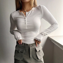 跨境欧美25年春季印花女士V领口扣子长袖坑条布打底衫亚马逊虾皮