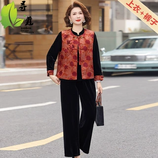新款女装春季妈妈装套装女洋气简约中老年女大码宽松三件套衣服春