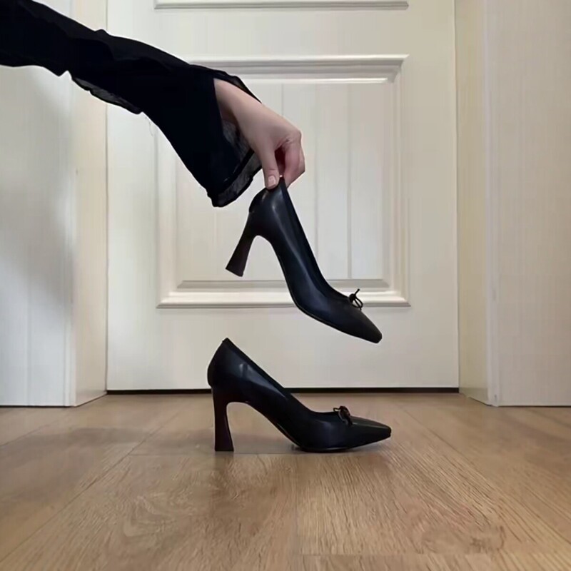 Sheepskin version~French-style small square-toe bowknot shallow-mouth elegant high heels for women, retro commuter versatile stiletto pumps