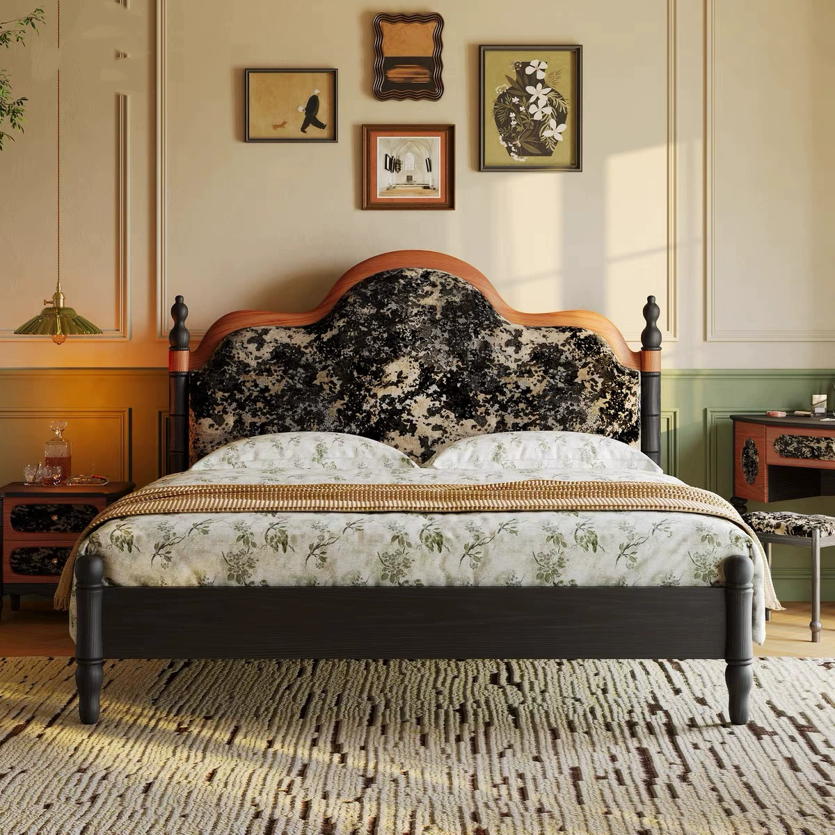 Французская ретро спальня из цельного дерева двуспальная кровать с высокой спинкой в стиле среднего стиля