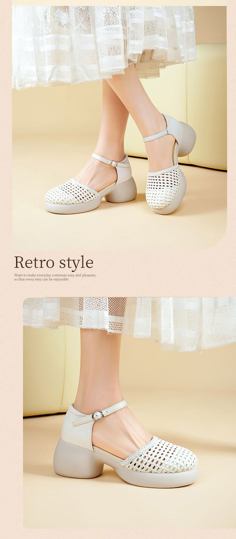 Sandal quai ngang cao gót nữ mũi bao dệt da thật, gót thô đế dày — Màu đen chi tiết 17