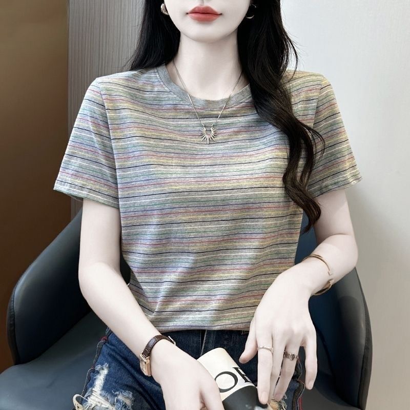Striped T-shirt Large Size Women's Clothing New Summer Clothing Foreign Style Shirt Age-reducing Casual Loose T-shirt Short-sleeved Top_ecoleips.com