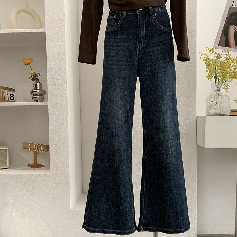 欧玛莱 复古蓝高腰微喇牛仔裤长裤2025秋冬季韩版百搭时尚女 5248