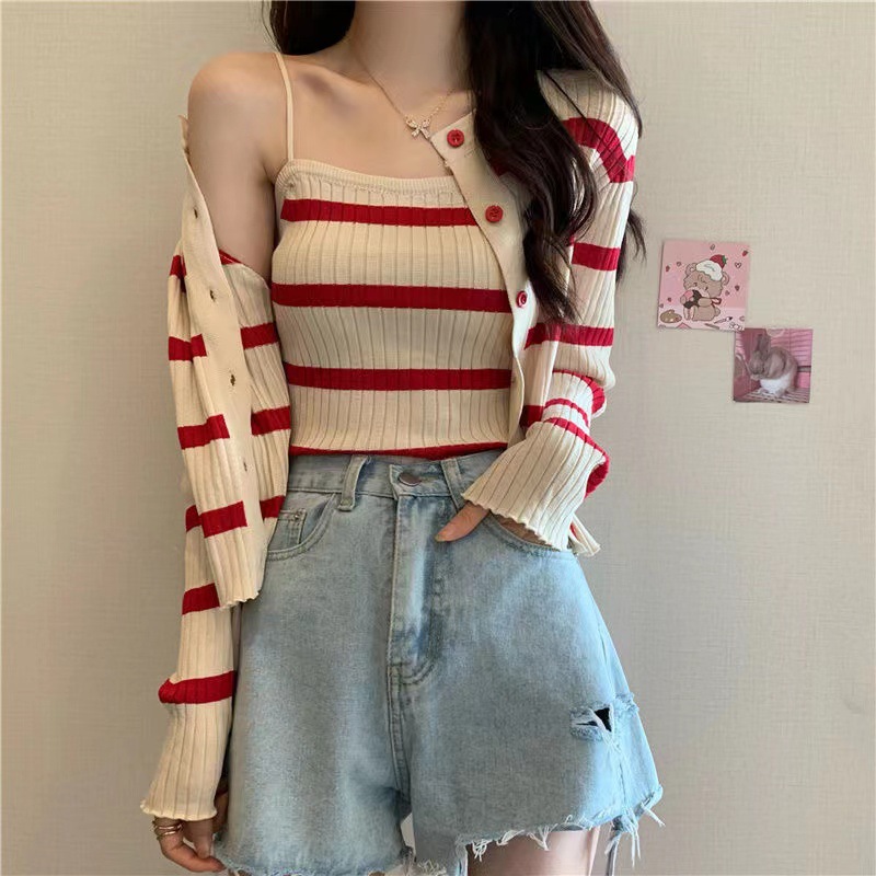 81g Weight Long Sleeve Sleeve Length Single Breasted Placket Type Ice Silk, Polyester Fabric Type Short Top Length Knitwear Tops Type Daily Occasion Round Neck Neckline Slim Fit Type Stripe Pattern Spring, Autumn Season Women's Gender Casual Style Wholesale Women's Ice Silk Polyester Casual Stripe Long Sleeve Sweaters & Cardigans 3