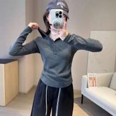 显瘦小腰精！连帽纽扣开领T 慕斯棉亲肤修身长袖打底上衣G090417