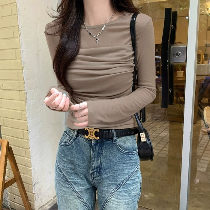 Женская футболка с длинным рукавом Slim-Fit, осенняя комфортная для тела, сборка на груди, легкая