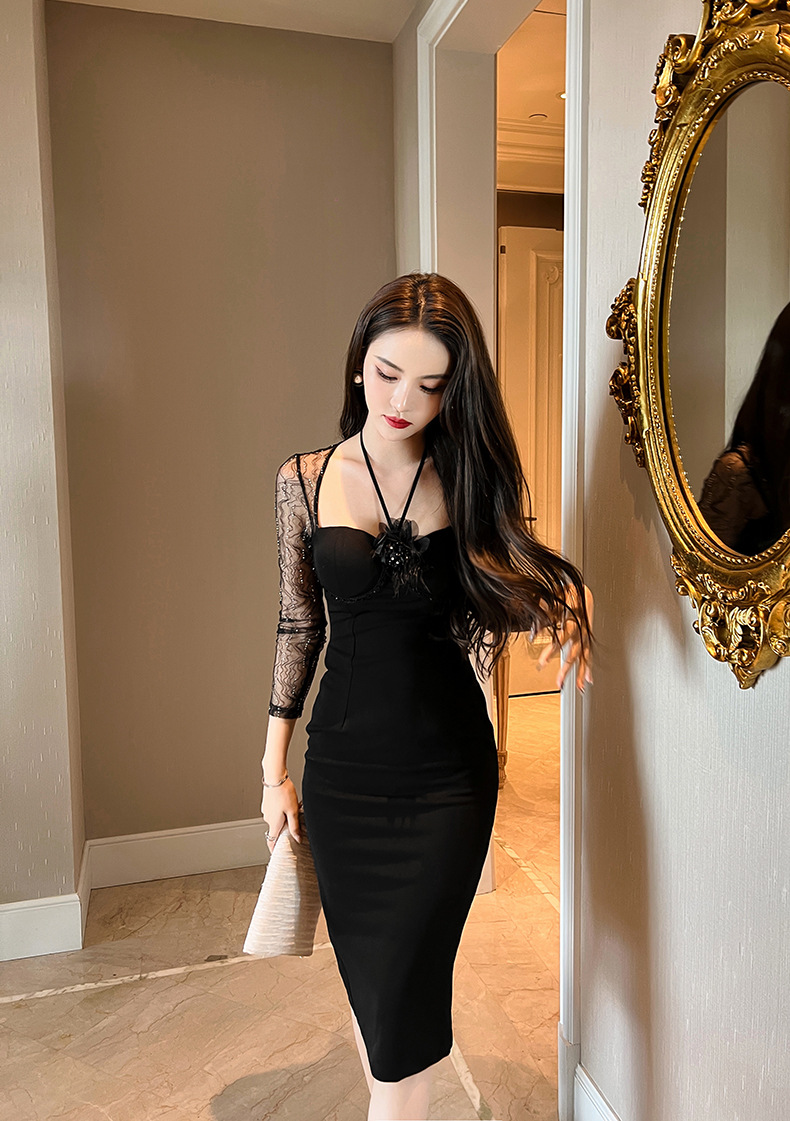 Đầm dài dáng ôm cổ halter phối lưới phong cách quý tộc — Màu đen chi tiết 10