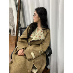 【复古玫瑰】气质高级感赫本风提花毛边大衣女外套秋冬长呢子外套