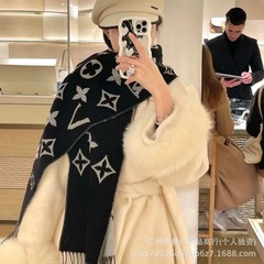 新款秋冬季羊毛围巾女士流苏老花披肩双面羊绒干枯玫瑰粉围脖保暖