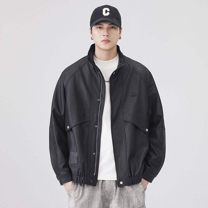 Xintang Men's Clothing | American High Street Motorcycle Style Pu Leather Jacket Men's Pilot Leather Jacket Stand Collar Windproof Large Size Jacket