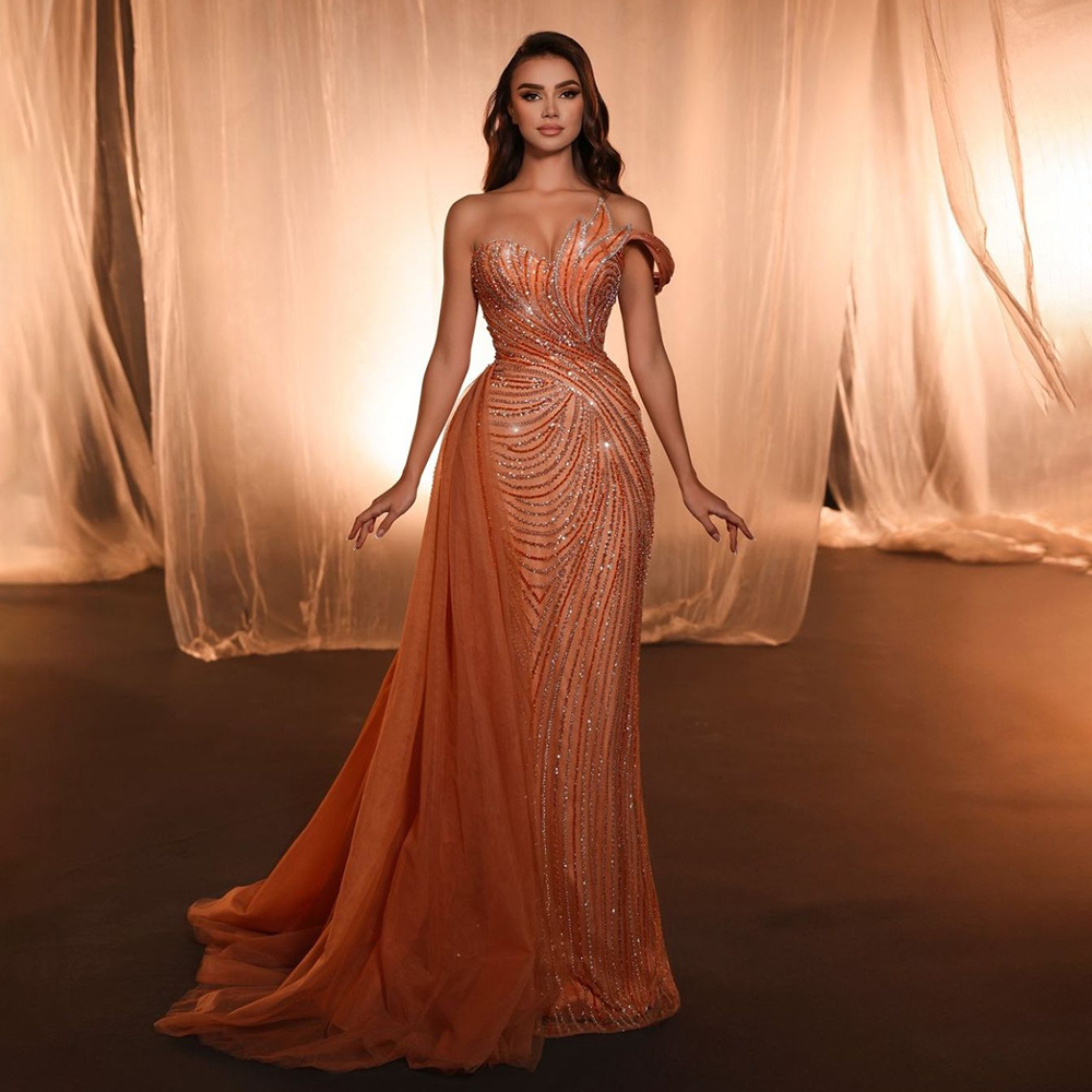 European and American Export Classy Elegant Orange One-Shoulder Fishtail Skirt Banquet Bridesmaid Host Performance Dress La72662