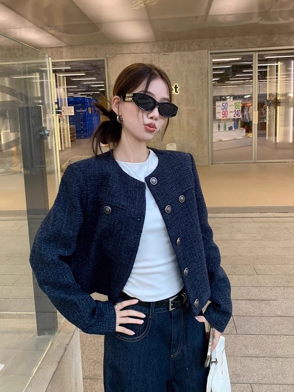 藏蓝色法式小香风松弛感外套女2025秋冬款休闲气质长袖开衫短上衣|undefined