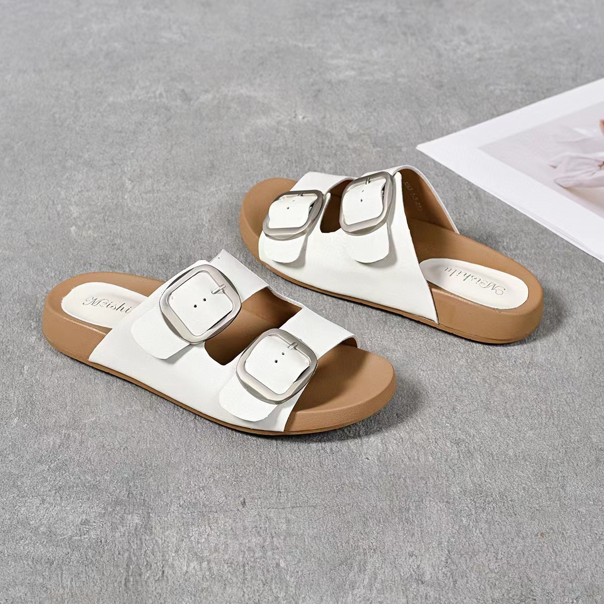 Dép sandal nữ da thật kiểu Birkenstock hở mũi đế bệt — đen chi tiết 8