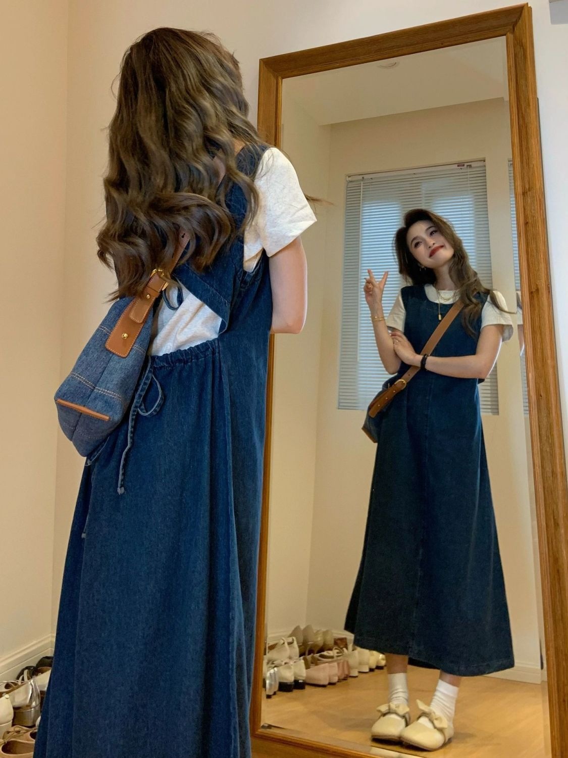 Jeans ko'ylak yozgi klassik orqa ip'lar yirtiq orta etek uzun T-shirt 2ta to'plami