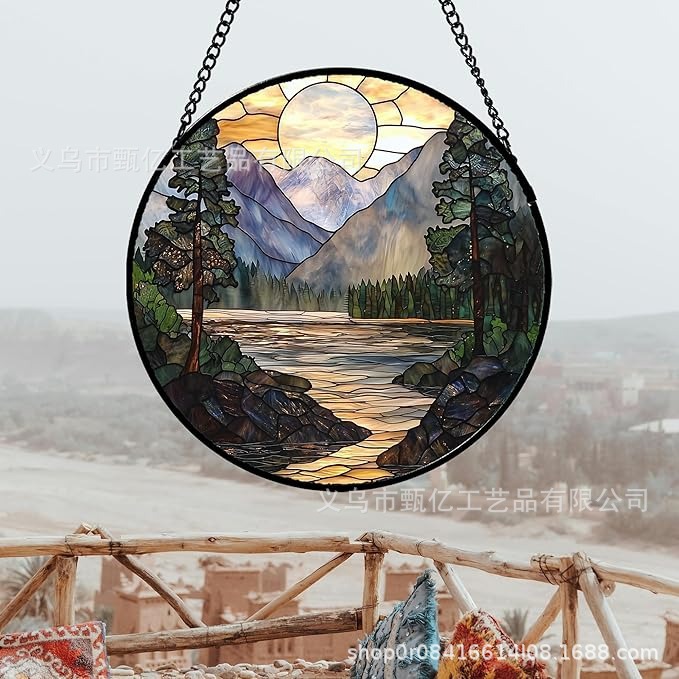 彩色玻璃窗悬挂风景太阳捕手山脉遮阳器，用于窗门家居装饰挂件