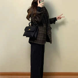 茶系穿搭秋装搭配一整套大码胖格子毛呢西装外套阔腿长裤两件套