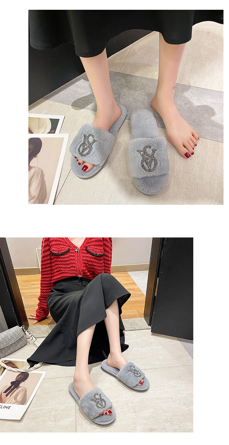 Utrikeshandel Nya Rhinestone Fleece Tofflor Dam S Inomhus Hem Ljus Diamant Varmt Mode Öppen bomull Cross Border_voghion.com