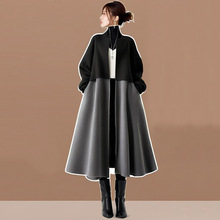 外贸跨境秋冬新款女士呢子大衣拼接宽松时尚休闲女上衣外套