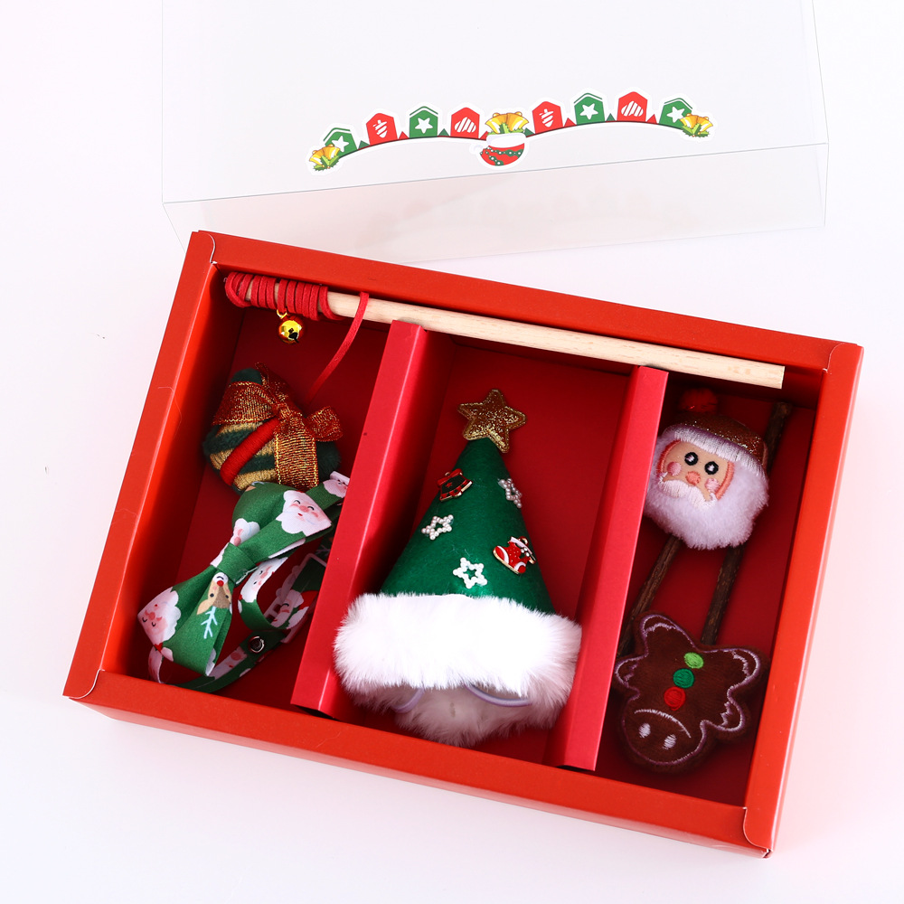 Mascota gato Santa Claus árbol sombrero pajarita collar divertido gato palo felpa molar sonido interactivo conjunto de juguetes caja