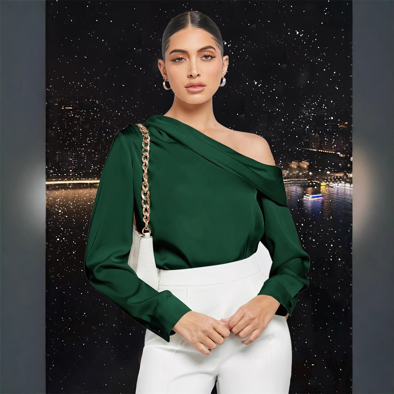 Foreign Trade Cross-border Pleated Satin Shirt Top Autumn and Winter Europe and America Amazon Shoulder Asymmetric Long Sleeve Shirt Women's Clothing