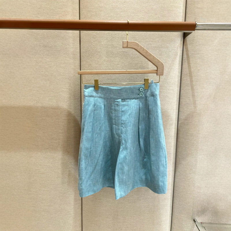 Shenzhen Nanyou 2026 New Model Lake Blue Linen High-Waisted Pleated Skirt Pants with Side Double Buttons Wide-Leg Five-Point Shorts