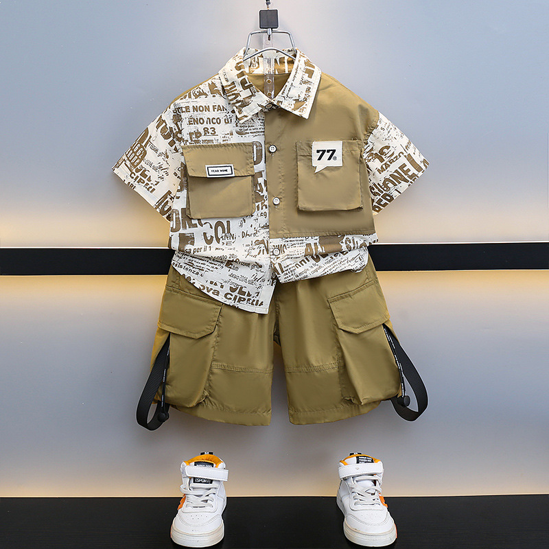 7191 niño vestido de verano hermoso traje de herramientas fino para niños 2025 nuevo estilo coreano camisa de manga corta pantalones cortos para bebé