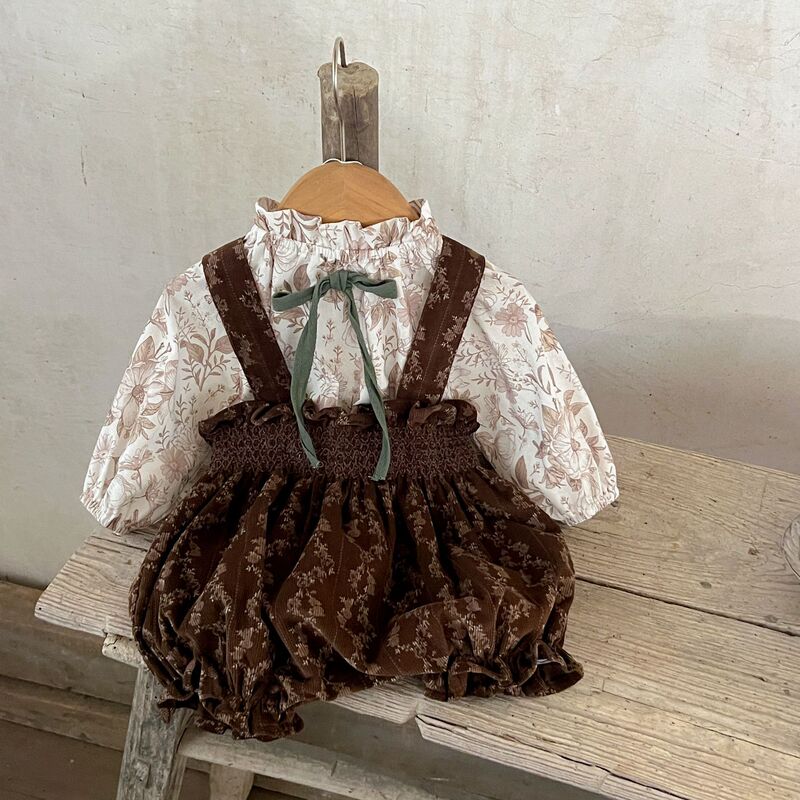 Ins Korean Style Girls' and Baby's Pure Cotton Bow Print Top and Corduroy Floral Overalls Set