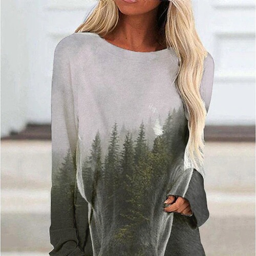 Spring and Autumn Amazon Western Style 3D Digital Print Women's Mid-length Irregular Hem Long-sleeved T-shirt—European and American Style