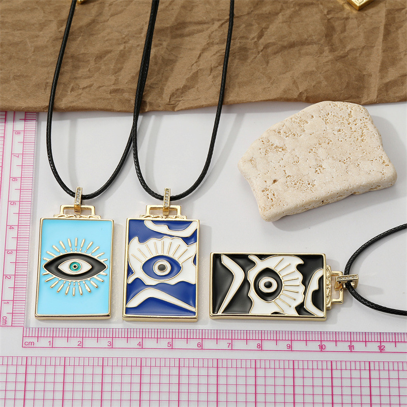 European retro tarot card black rope oil painting eye square pendant necklace