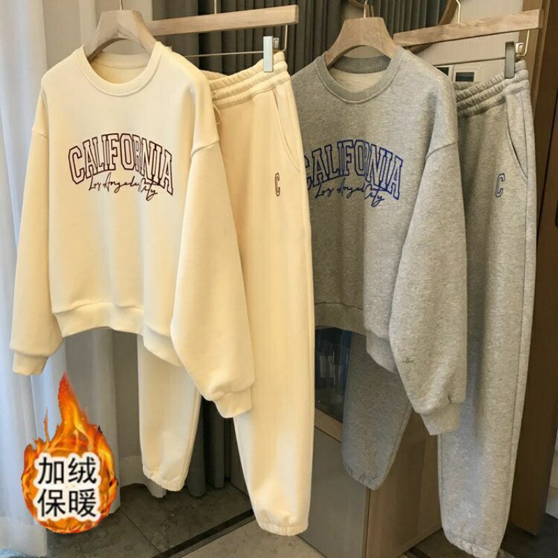 423 # Velvet Thickened Casual Sports Suit for Women Autumn and Winter New Fashion Loose Printed Sweatshirt Two-Piece Set