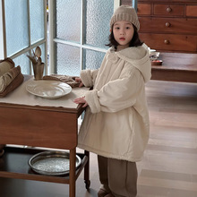 童大衣2025冬款女宝宝韩版纯色领口毛毛外套儿童加厚连帽长款棉衣