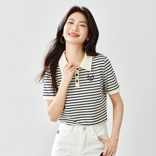 College Style Contrast Striped Shirt Women's Short-Sleeved Fashion Right Shoulder Collar Top 2025 Spring and Summer New Style