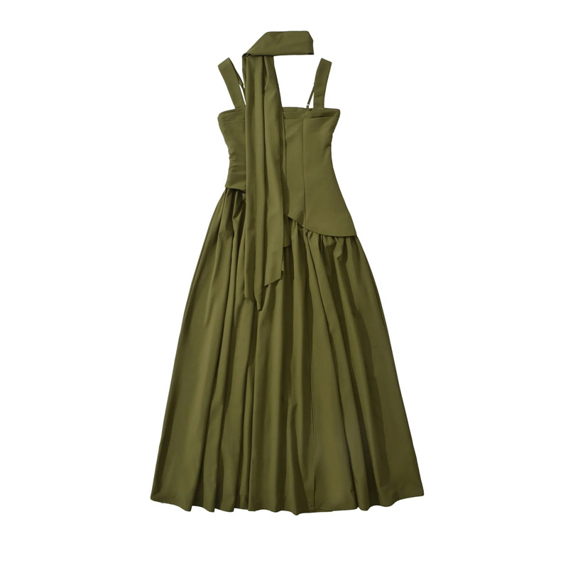 European American Style Scarf-strap Dress For Women, With A Stylish Sexy High Slit, Waist-cinching, Pleated, And Long_ecoleips.com