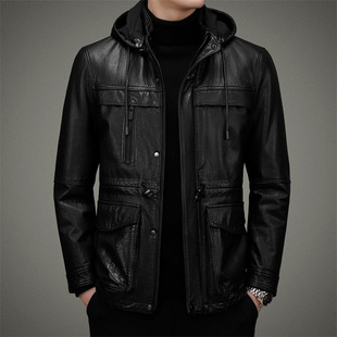 Men's Haining Top Layer Cowhide Leather Warm Leather Down Jacket Leather Jacket Removable Inner Liner Men's Business
