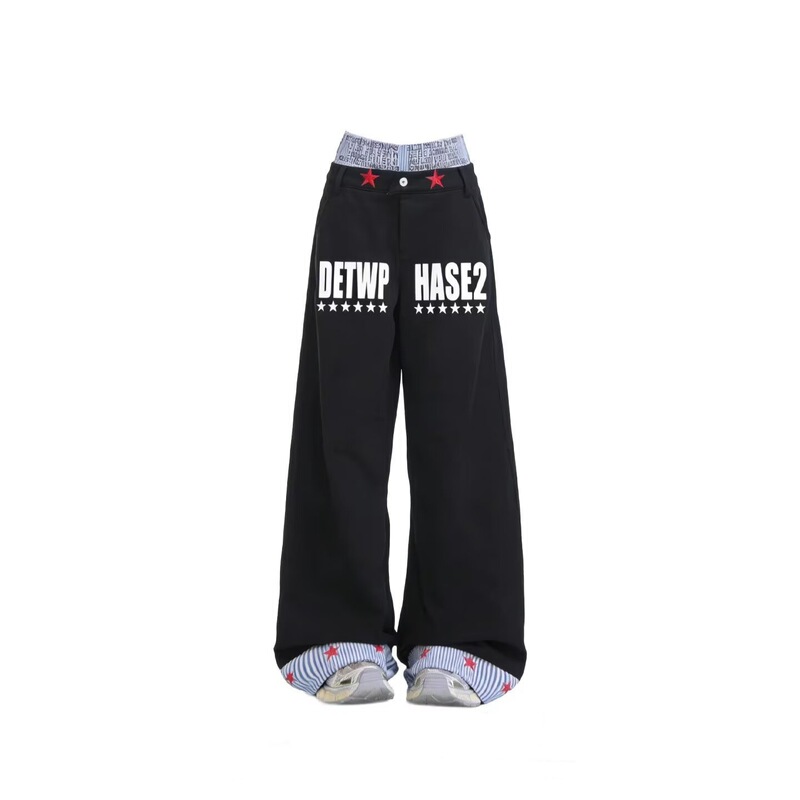 American Retro Niche Style Double-Waist Patchwork Scimitar Jeans for Men and Women, with a Stacked Design That Enhances Height, Loose Straight-Leg Pants