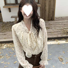 气质高级感荷叶边波点长袖衬衣女春季温柔风绑带别致衬衫上衣